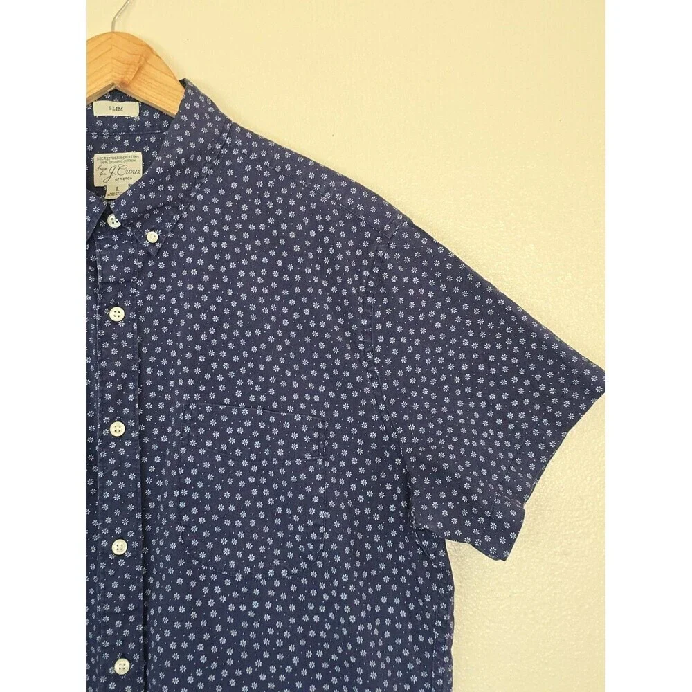 J.Crew Mens Large Slim Secret Wash Shirt Blue Floral Organic Cotton Stretch